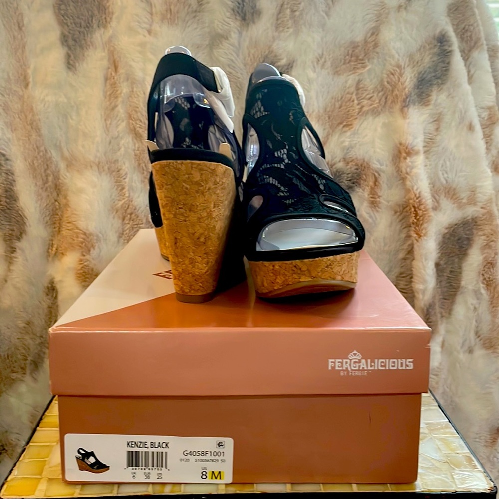 Fergalicious by Fergie sz 8 black lace wedges. New in box.